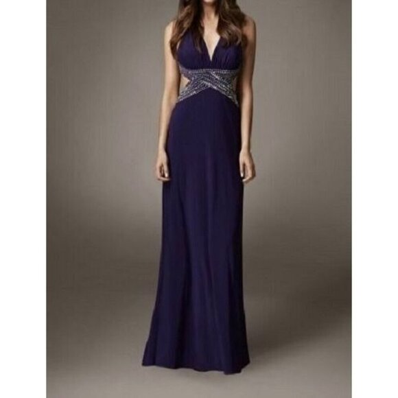 Betsy & Adam Purple Metallic Halter Formal Evening Dress Gown Women's Size 0 - Picture 1 of 15